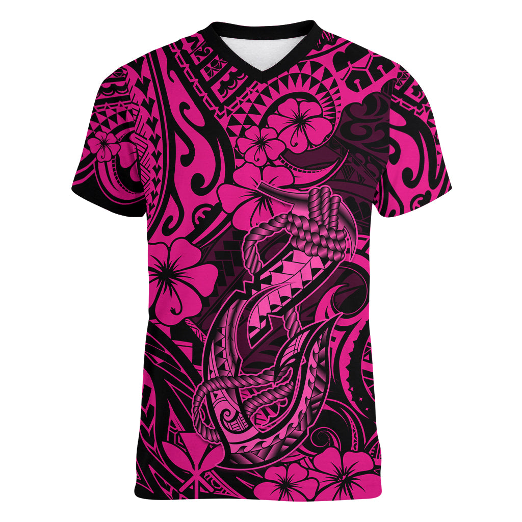 Hawaii Fish Hook Women V Neck T Shirt Hibiscus Hawaii Tribal Tattoo Pink Version - Wonder Print Shop