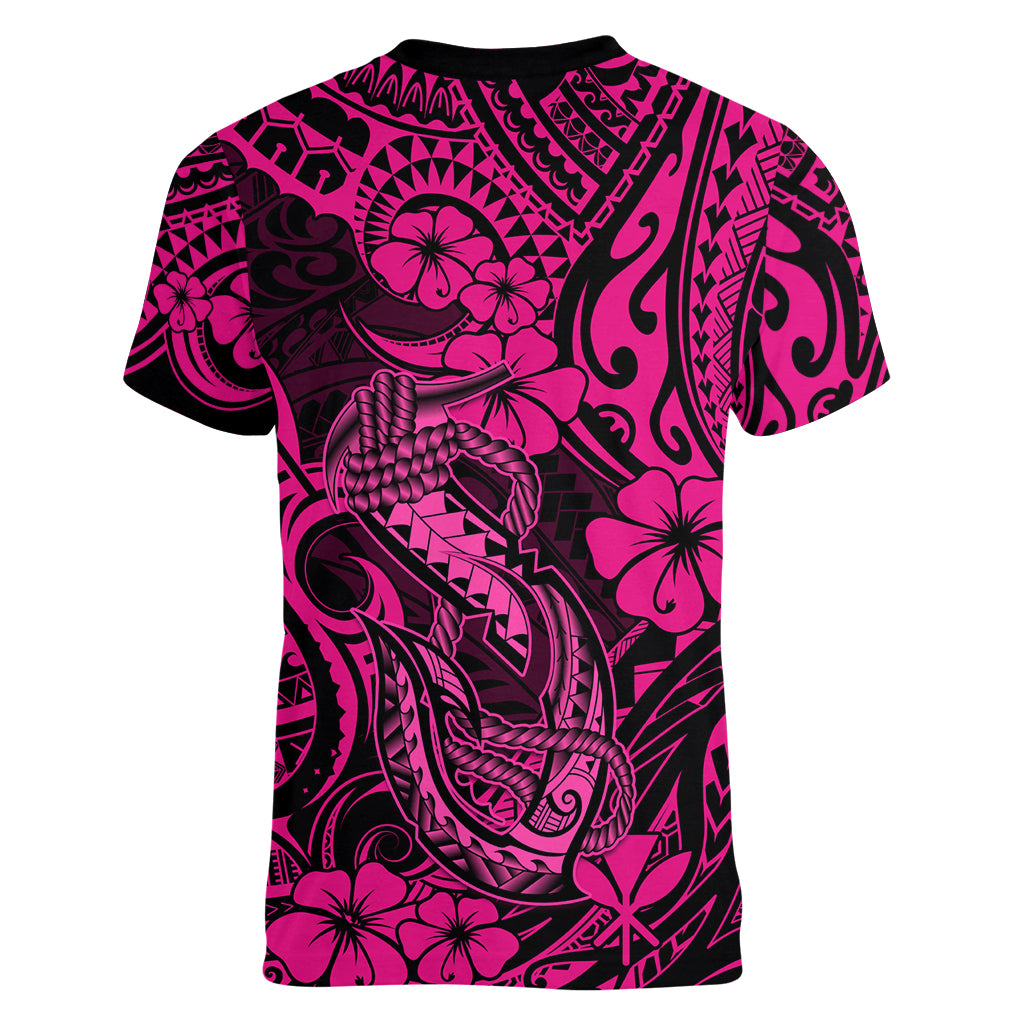 Hawaii Fish Hook Women V Neck T Shirt Hibiscus Hawaii Tribal Tattoo Pink Version - Wonder Print Shop