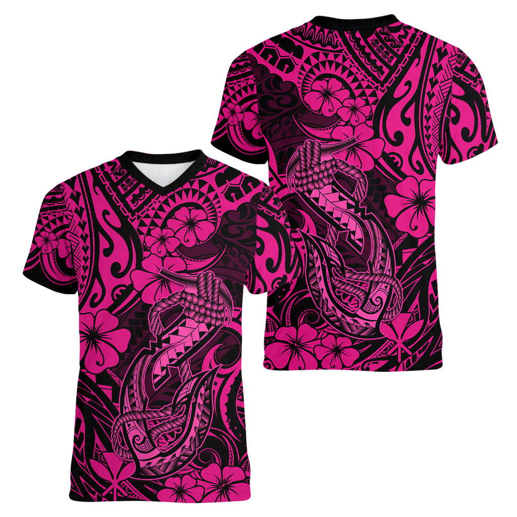 Hawaii Fish Hook Women V Neck T Shirt Hibiscus Hawaii Tribal Tattoo Pink Version - Wonder Print Shop