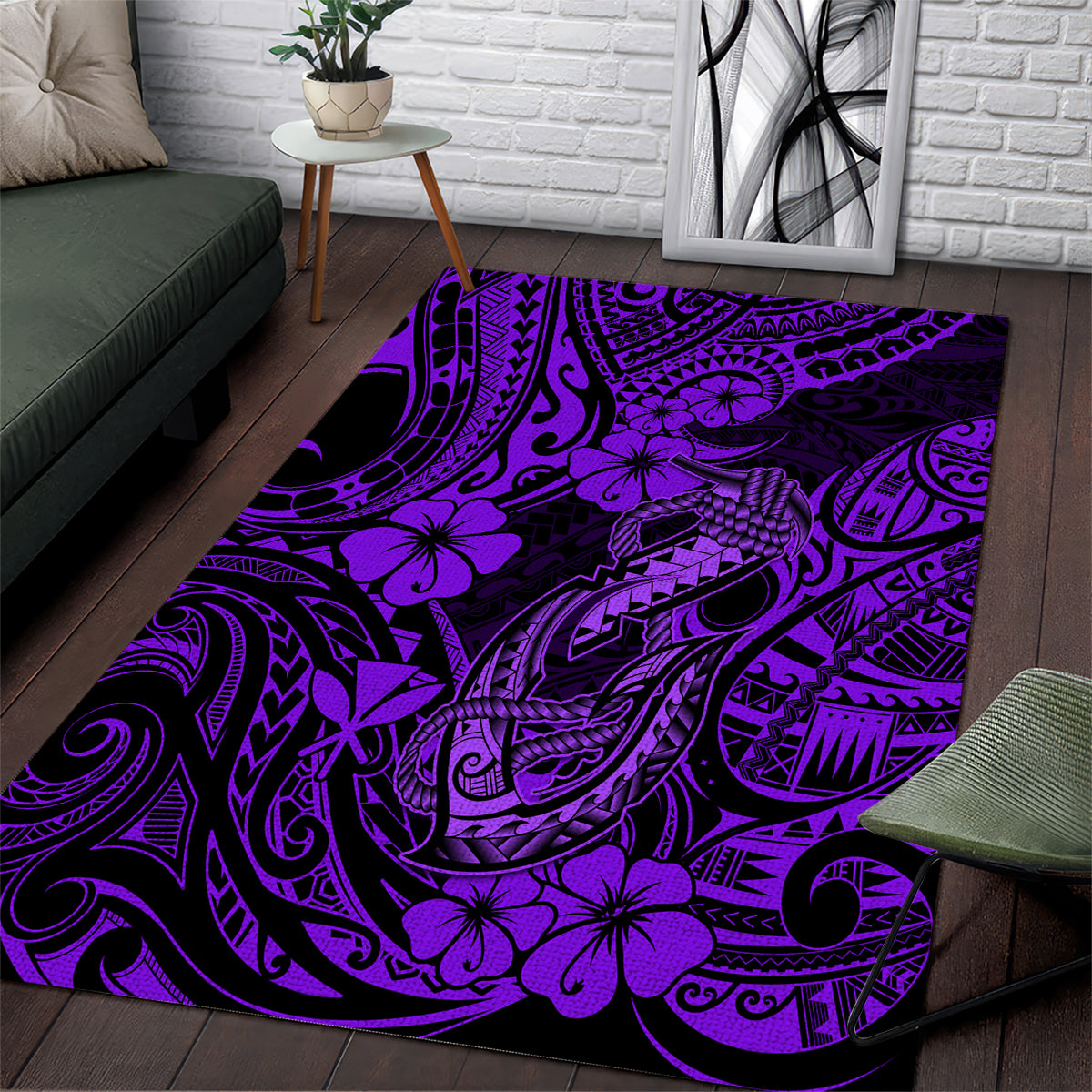 Hawaii Fish Hook Area Rug Hibiscus Hawaii Tribal Tattoo Purple Version - Wonder Print Shop