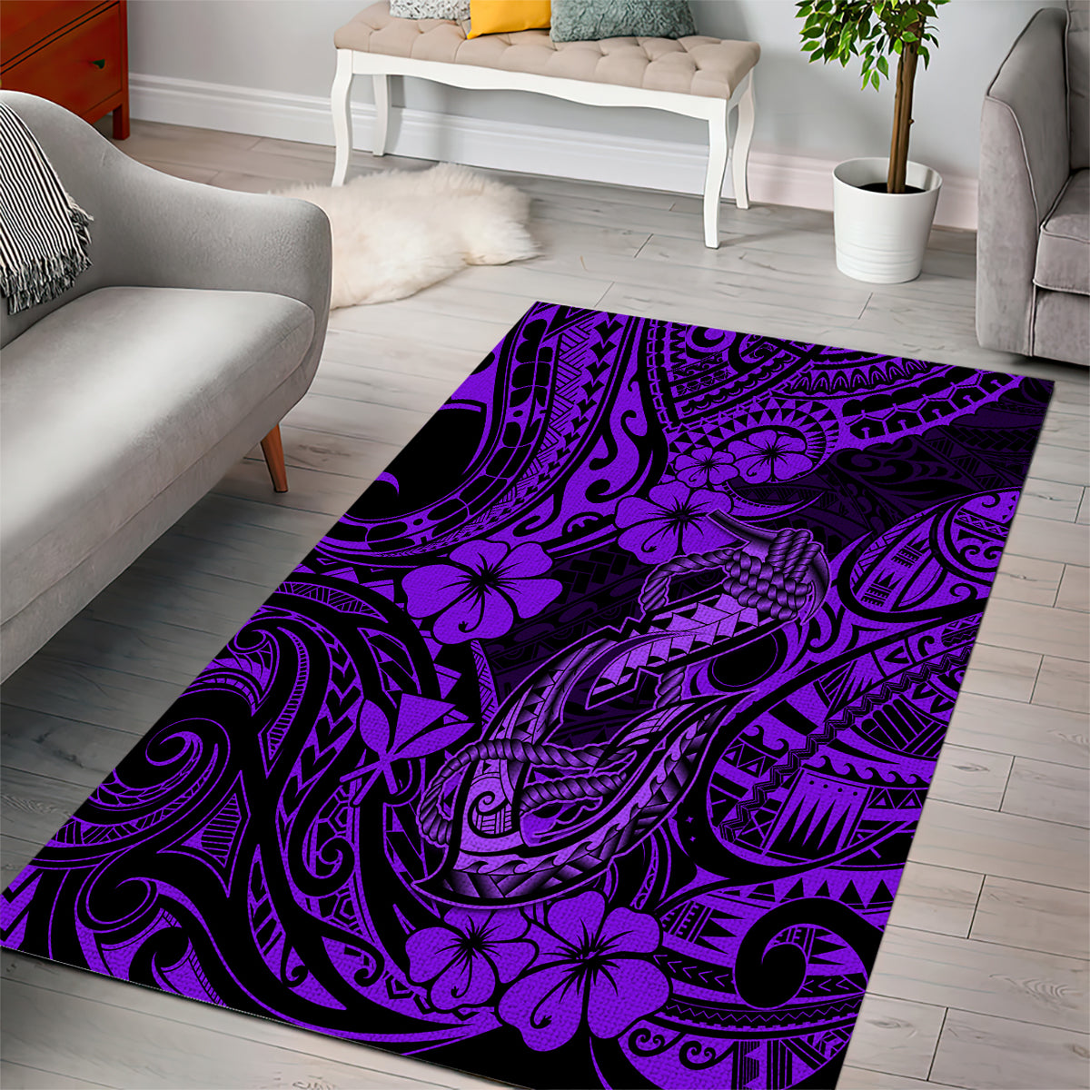 Hawaii Fish Hook Area Rug Hibiscus Hawaii Tribal Tattoo Purple Version - Wonder Print Shop