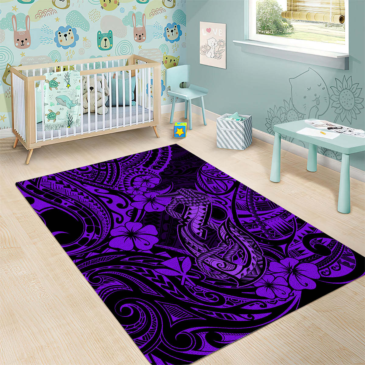 Hawaii Fish Hook Area Rug Hibiscus Hawaii Tribal Tattoo Purple Version - Wonder Print Shop