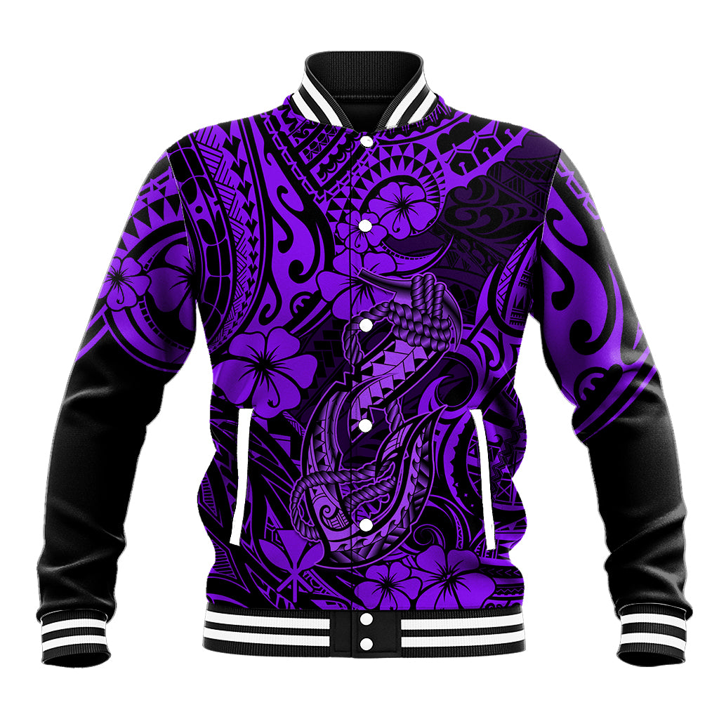Hawaii Fish Hook Baseball Jacket Hibiscus Hawaii Tribal Tattoo Purple Version - Wonder Print Shop