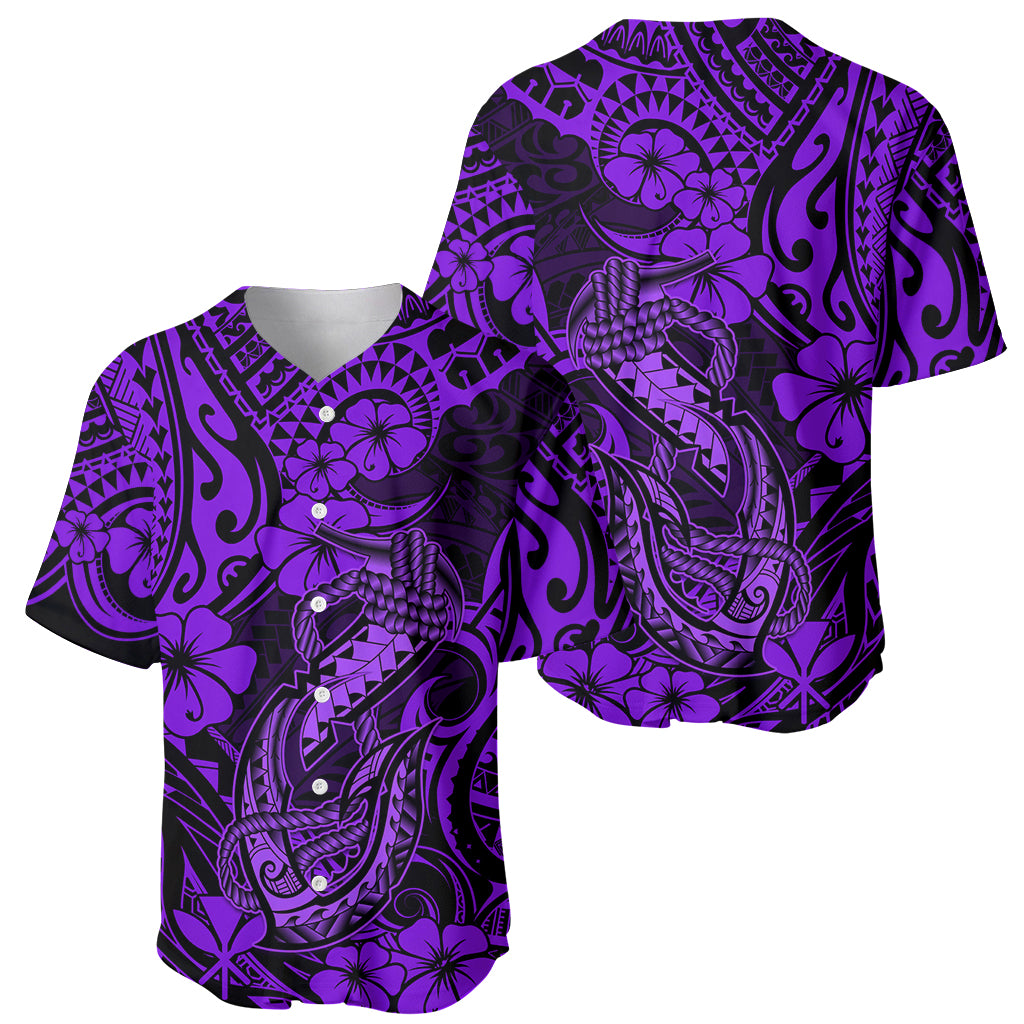 Hawaii Fish Hook Baseball Jersey Hibiscus Hawaii Tribal Tattoo Purple Version - Wonder Print Shop