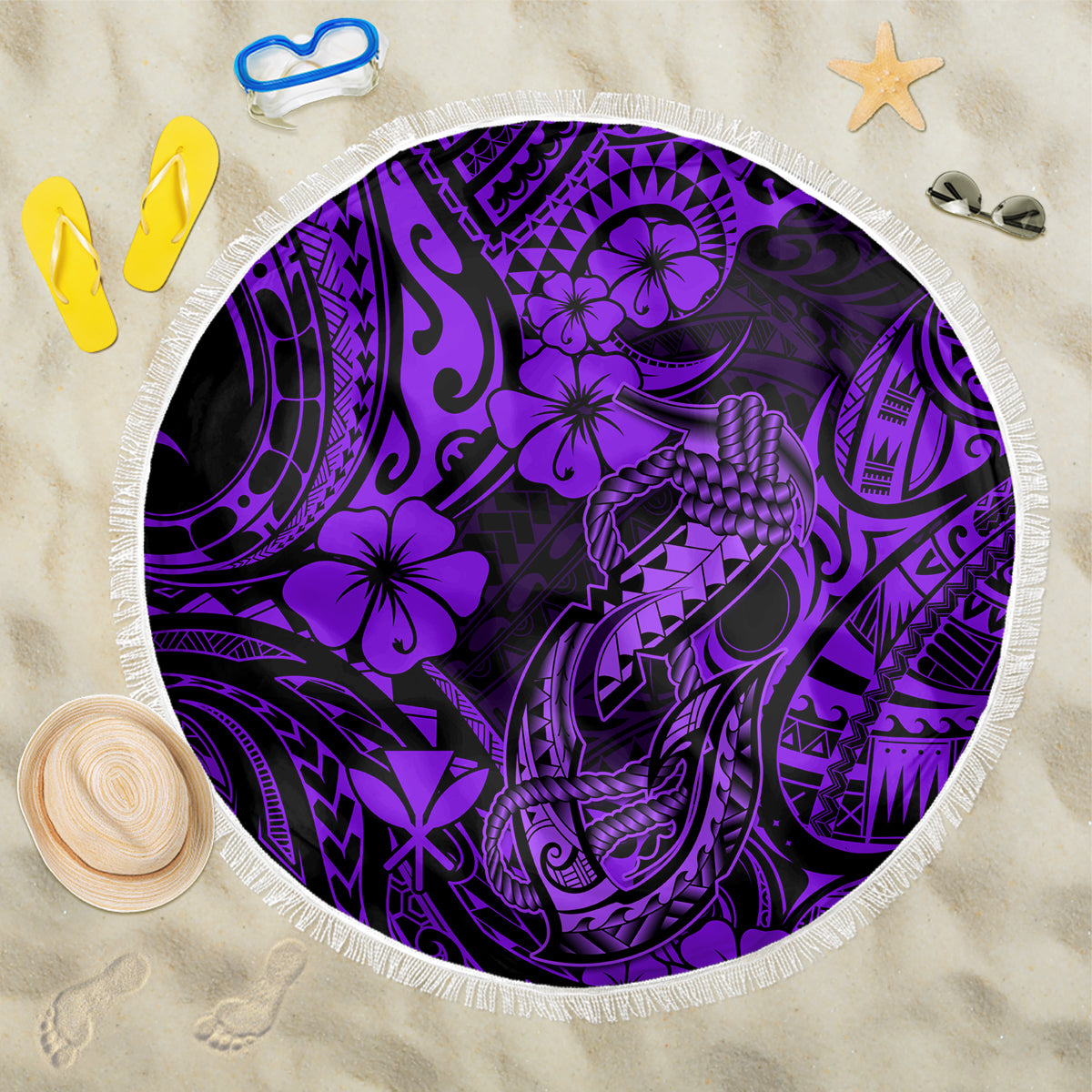 Hawaii Fish Hook Beach Blanket Hibiscus Hawaii Tribal Tattoo Purple Version - Wonder Print Shop
