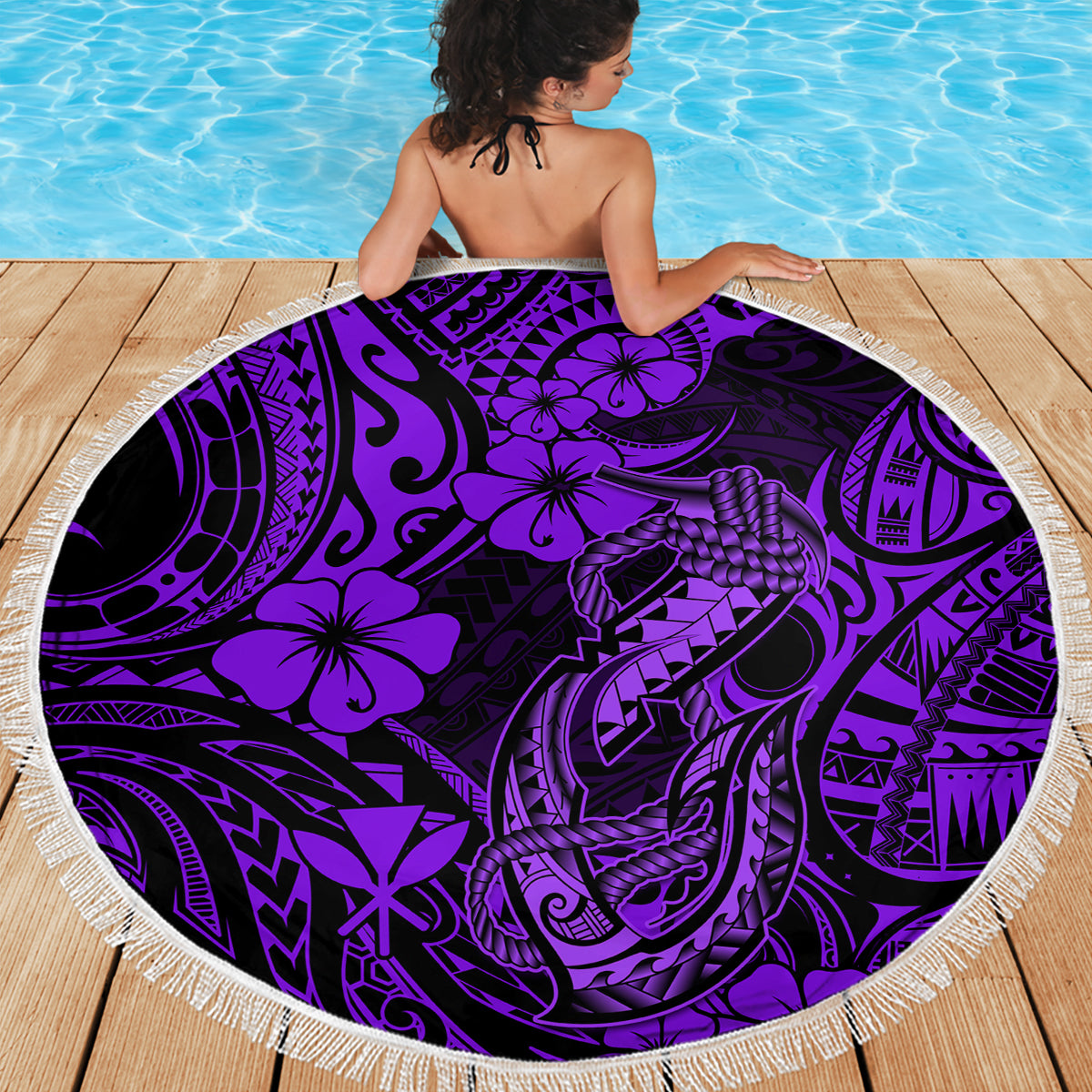 Hawaii Fish Hook Beach Blanket Hibiscus Hawaii Tribal Tattoo Purple Version - Wonder Print Shop