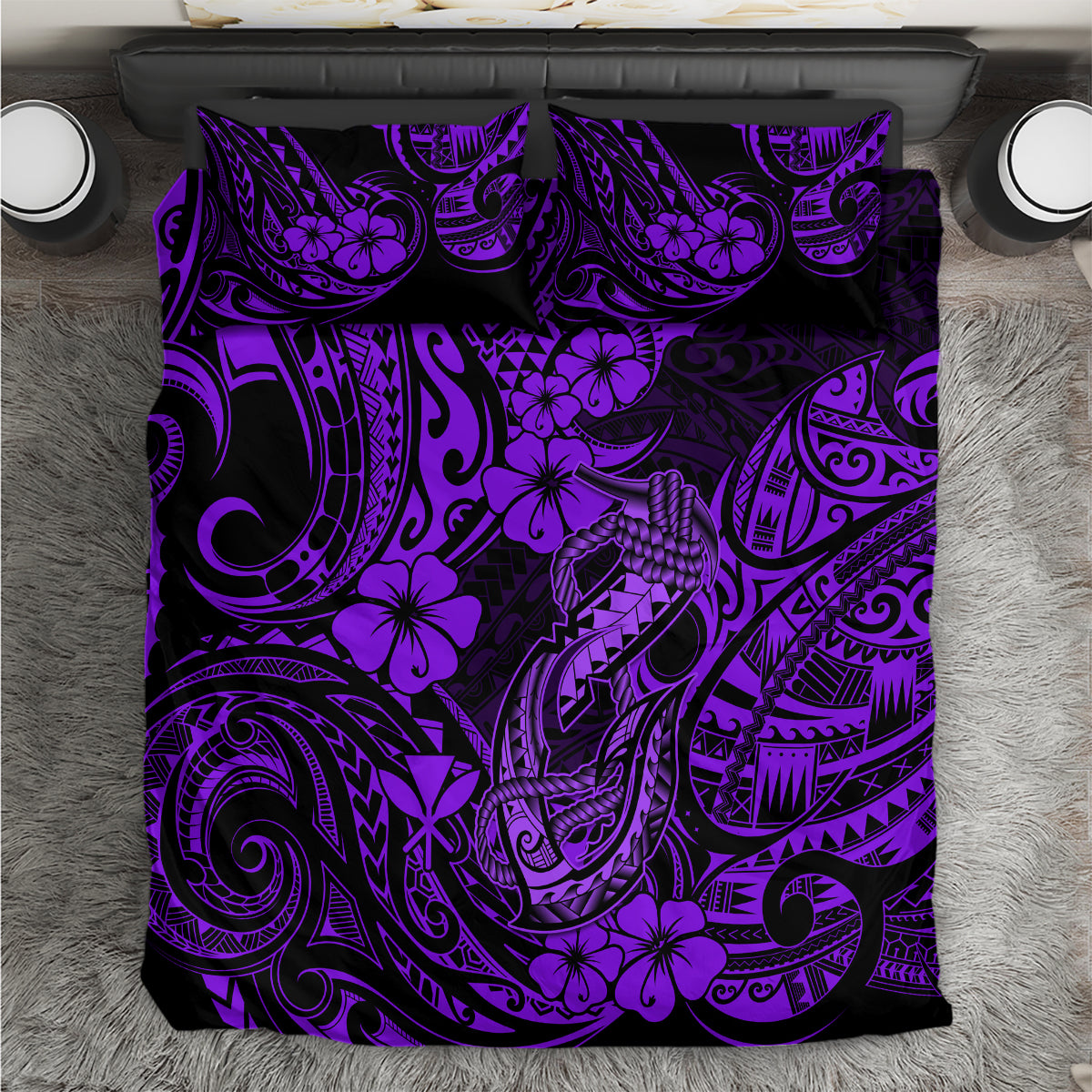 Hawaii Fish Hook Bedding Set Hibiscus Hawaii Tribal Tattoo Purple Version - Wonder Print Shop