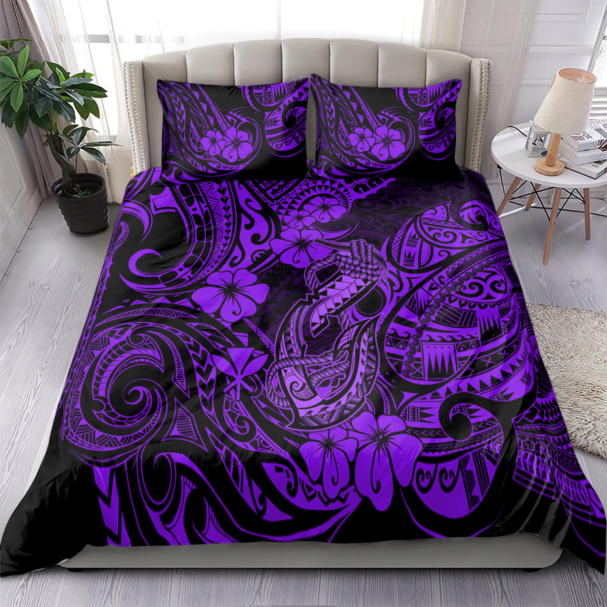 Hawaii Fish Hook Bedding Set Hibiscus Hawaii Tribal Tattoo Purple Version - Wonder Print Shop