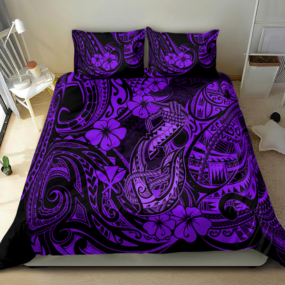 Hawaii Fish Hook Bedding Set Hibiscus Hawaii Tribal Tattoo Purple Version - Wonder Print Shop