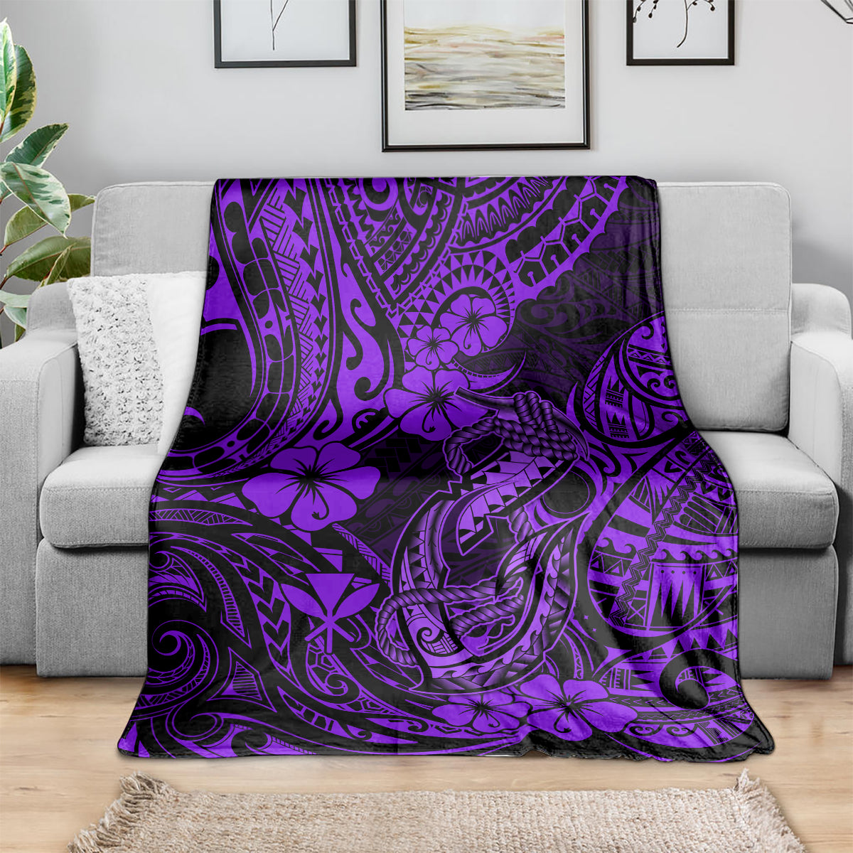 hawaii-fish-hook-blanket-hibiscus-hawaii-tribal-tattoo-purple-version