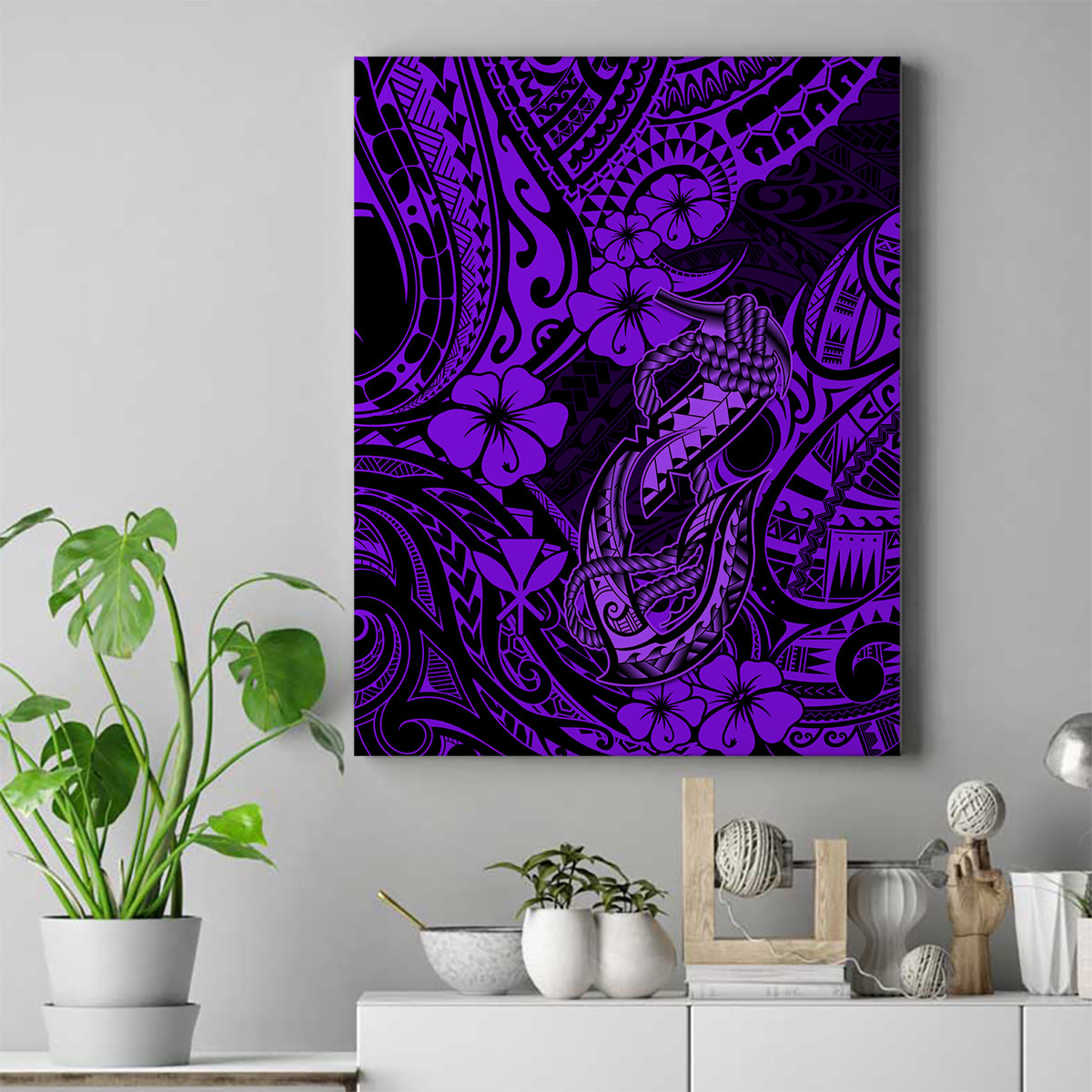Hawaii Fish Hook Canvas Wall Art Hibiscus Hawaii Tribal Tattoo Purple Version - Wonder Print Shop