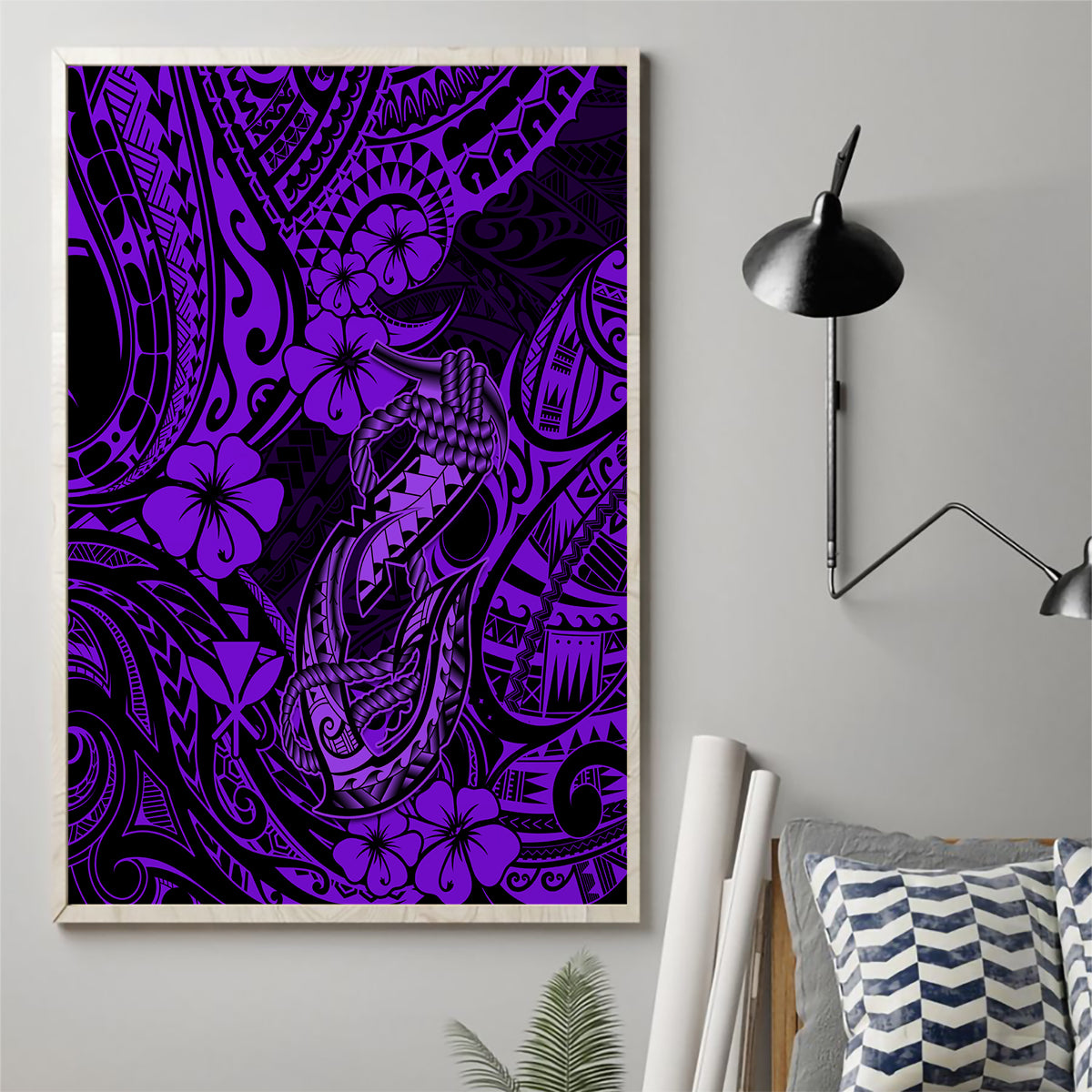 Hawaii Fish Hook Canvas Wall Art Hibiscus Hawaii Tribal Tattoo Purple Version - Wonder Print Shop