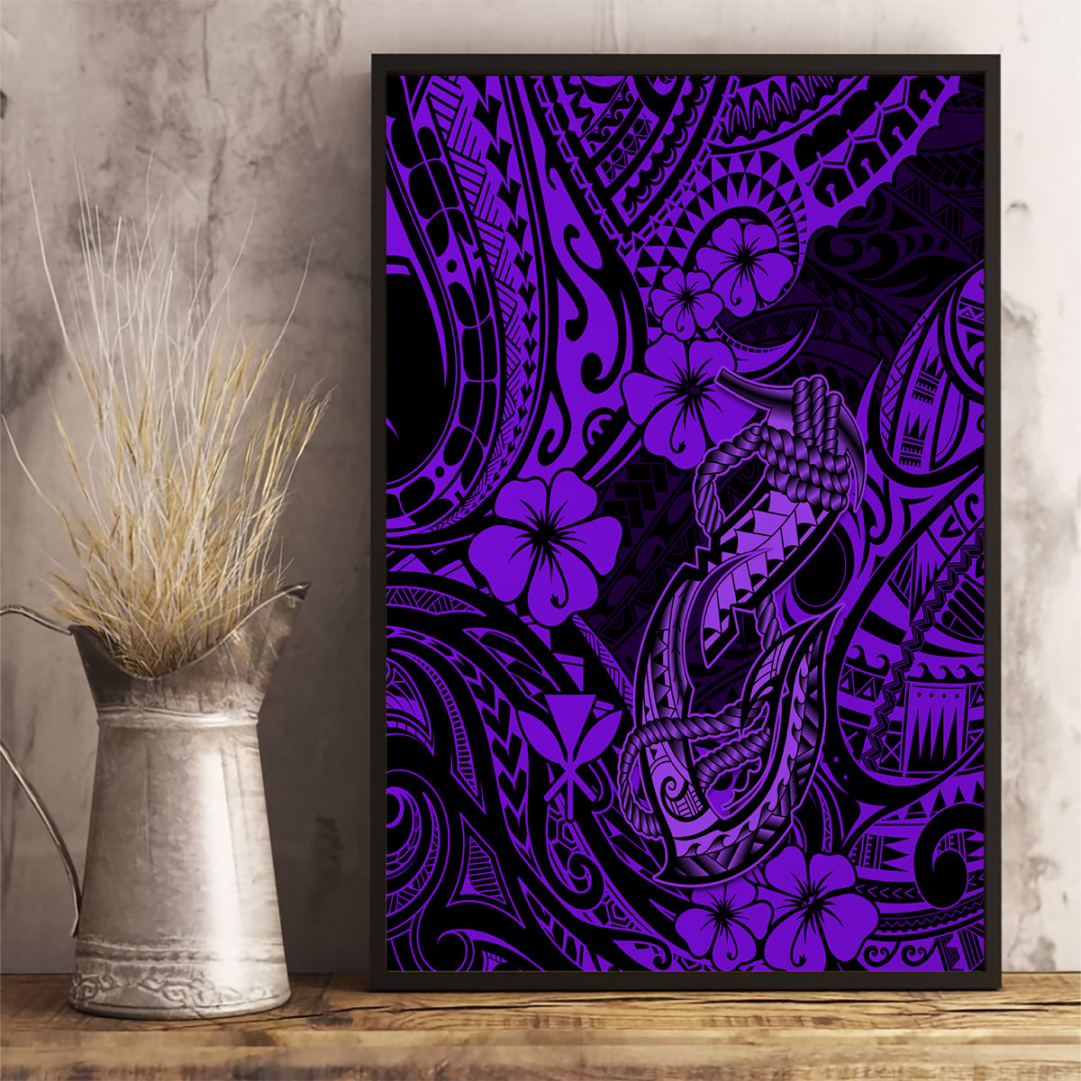 Hawaii Fish Hook Canvas Wall Art Hibiscus Hawaii Tribal Tattoo Purple Version - Wonder Print Shop