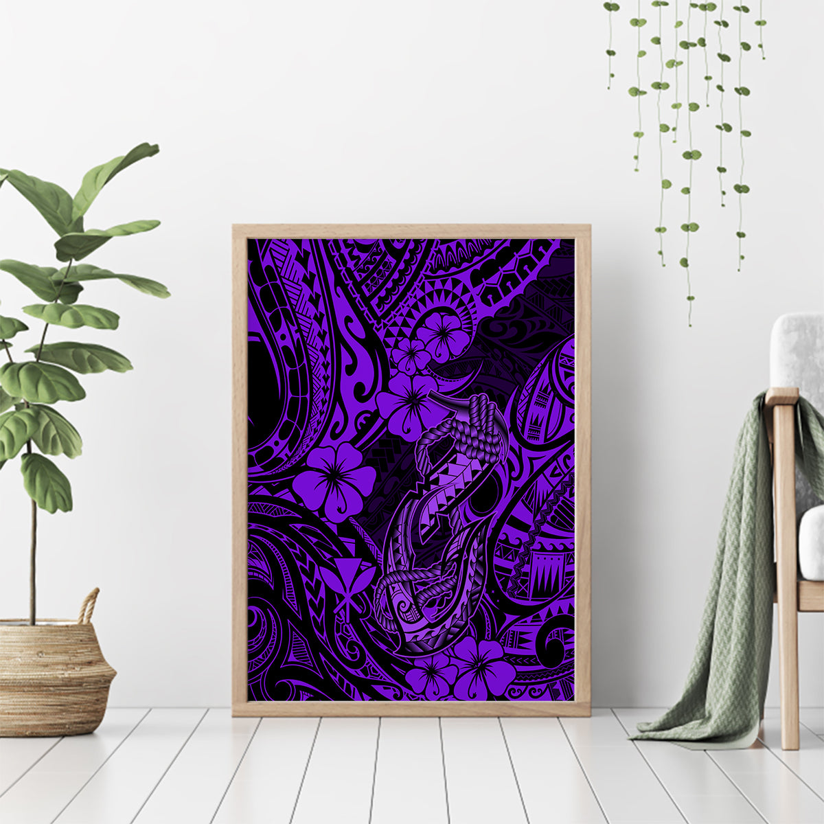 Hawaii Fish Hook Canvas Wall Art Hibiscus Hawaii Tribal Tattoo Purple Version - Wonder Print Shop