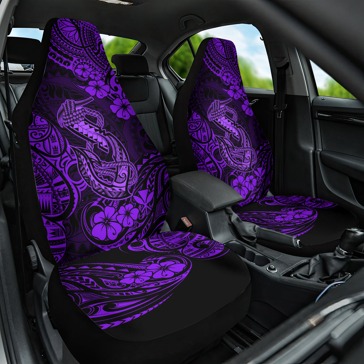 Hawaii Fish Hook Car Seat Cover Hibiscus Hawaii Tribal Tattoo Purple Version - Wonder Print Shop
