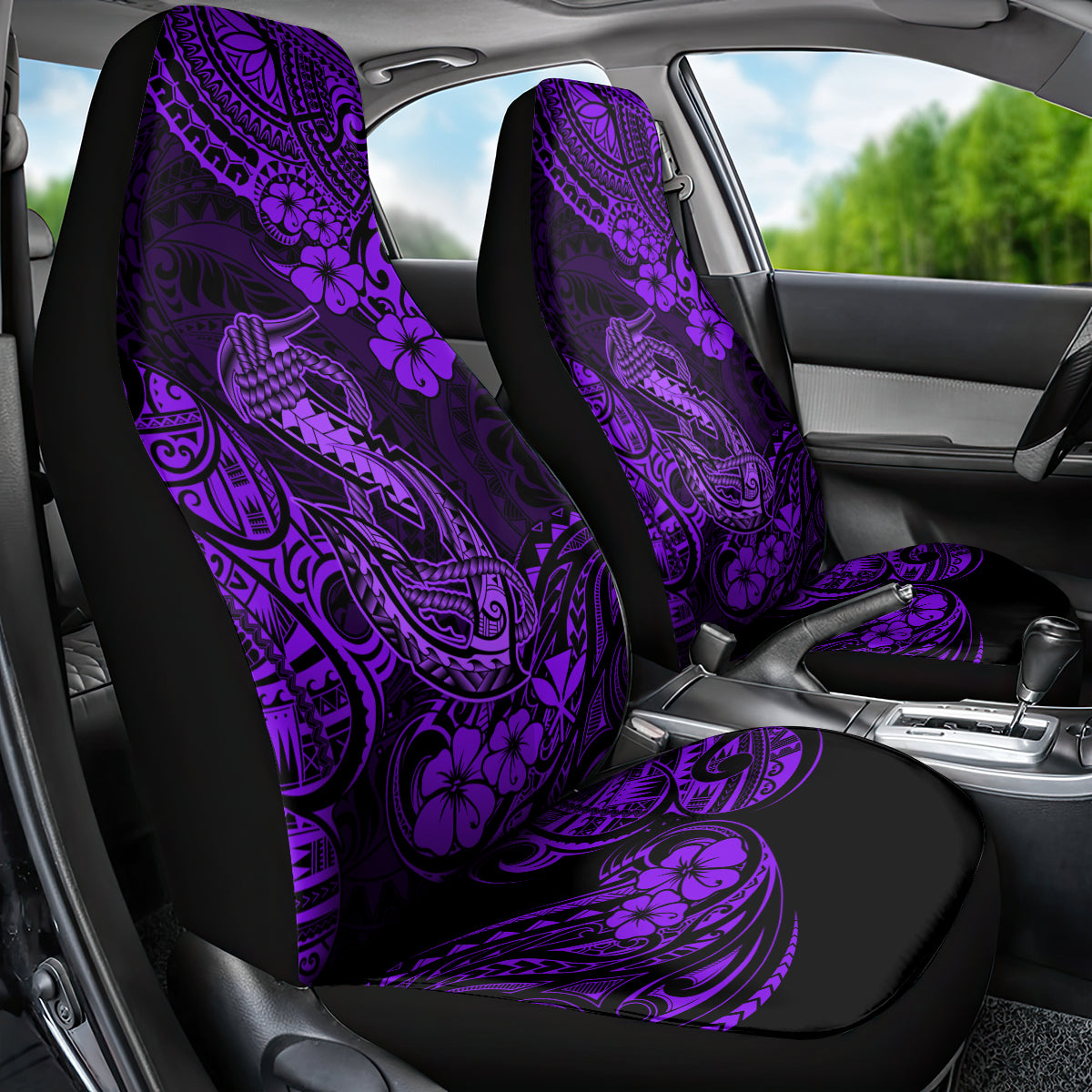 Hawaii Fish Hook Car Seat Cover Hibiscus Hawaii Tribal Tattoo Purple Version - Wonder Print Shop