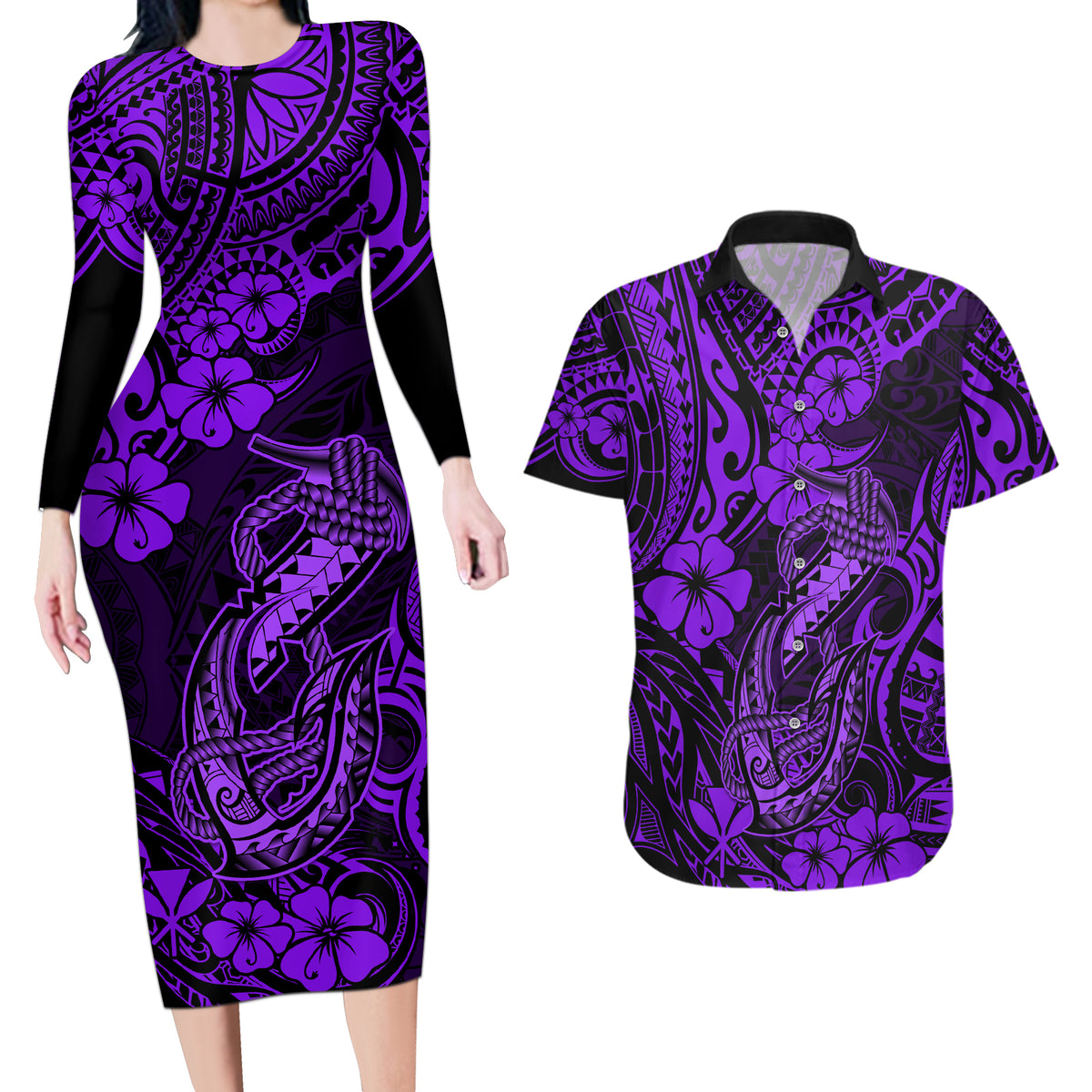 Hawaii Fish Hook Couples Matching Long Sleeve Bodycon Dress and Hawaiian Shirt Hibiscus Hawaii Tribal Tattoo Purple Version - Wonder Print Shop