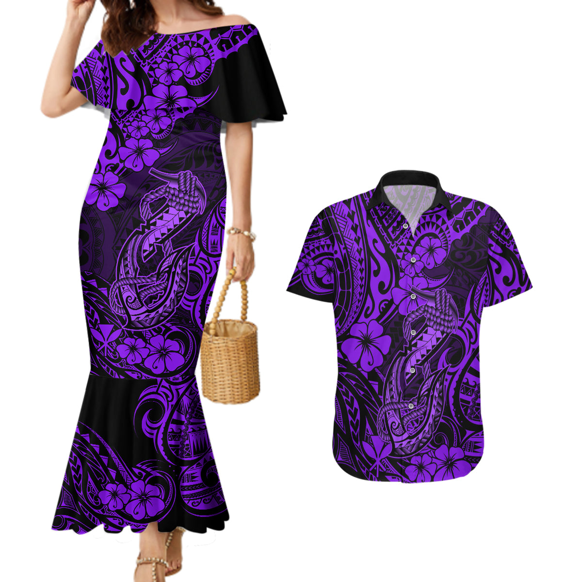 Hawaii Fish Hook Couples Matching Mermaid Dress and Hawaiian Shirt Hibiscus Hawaii Tribal Tattoo Purple Version - Wonder Print Shop