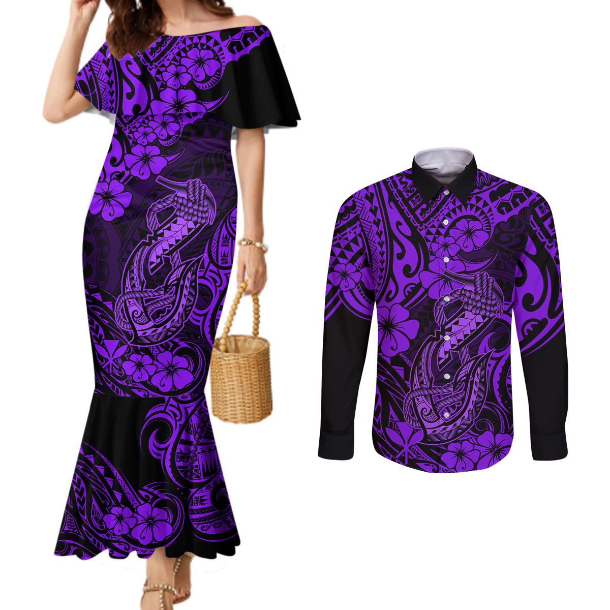 hawaii-fish-hook-couples-matching-mermaid-dress-and-long-sleeve-button-shirts-hibiscus-hawaii-tribal-tattoo-purple-version