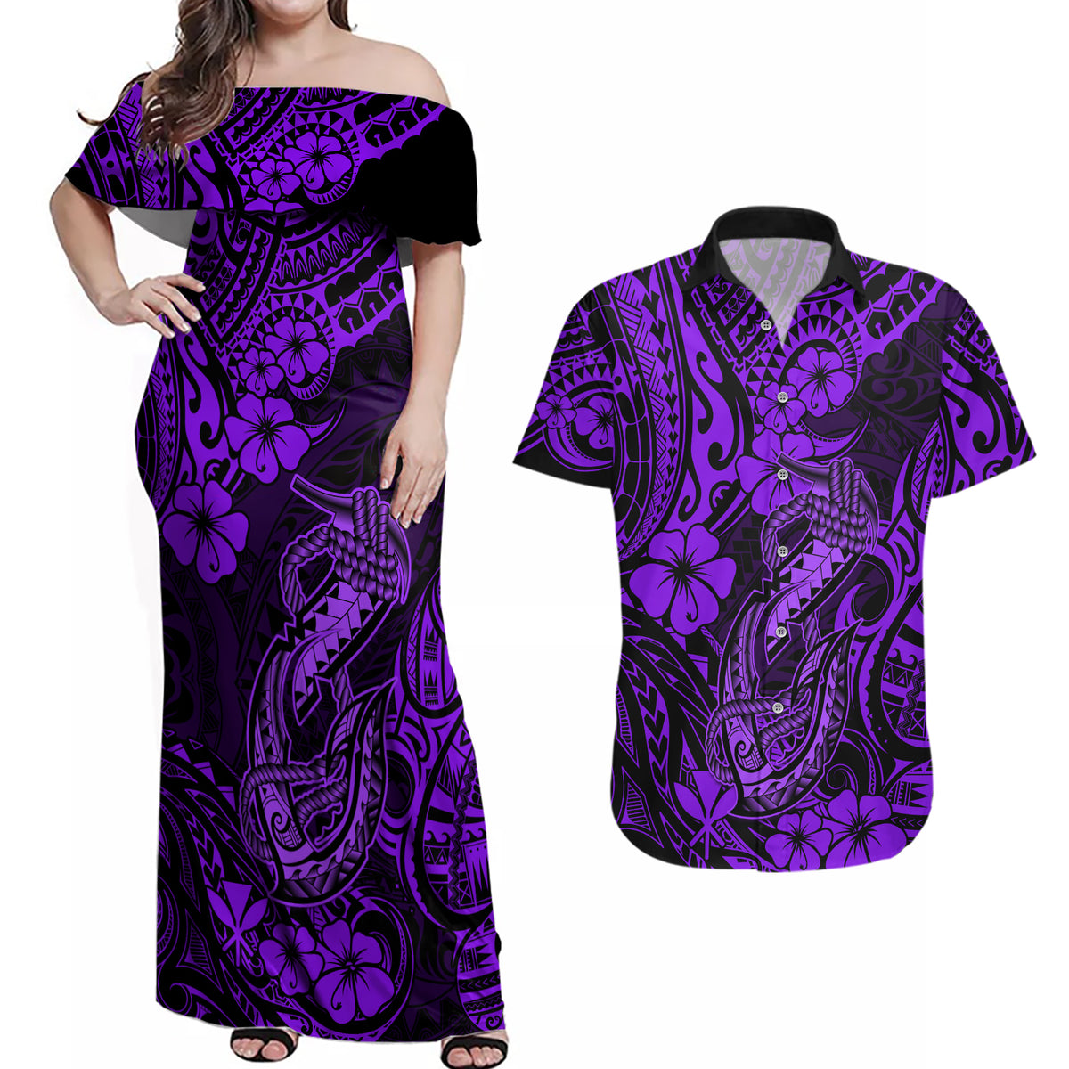 Hawaii Fish Hook Couples Matching Off Shoulder Maxi Dress and Hawaiian Shirt Hibiscus Hawaii Tribal Tattoo Purple Version - Wonder Print Shop