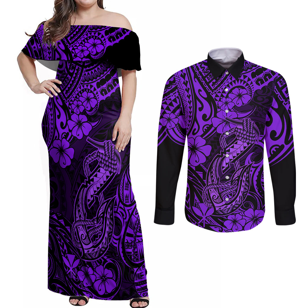 Hawaii Fish Hook Couples Matching Off Shoulder Maxi Dress and Long Sleeve Button Shirts Hibiscus Hawaii Tribal Tattoo Purple Version - Wonder Print Shop