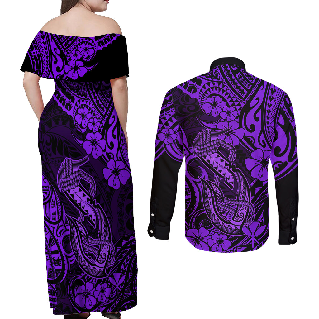 Hawaii Fish Hook Couples Matching Off Shoulder Maxi Dress and Long Sleeve Button Shirts Hibiscus Hawaii Tribal Tattoo Purple Version - Wonder Print Shop