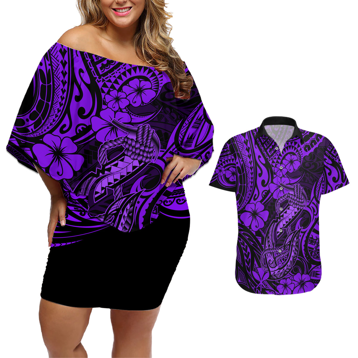 Hawaii Fish Hook Couples Matching Off Shoulder Short Dress and Hawaiian Shirt Hibiscus Hawaii Tribal Tattoo Purple Version - Wonder Print Shop