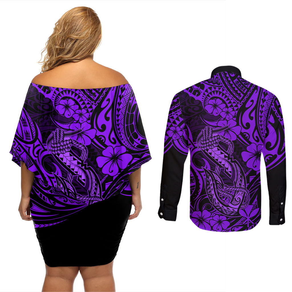 Hawaii Fish Hook Couples Matching Off Shoulder Short Dress and Long Sleeve Button Shirts Hibiscus Hawaii Tribal Tattoo Purple Version - Wonder Print Shop