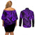 Hawaii Fish Hook Couples Matching Off Shoulder Short Dress and Long Sleeve Button Shirts Hibiscus Hawaii Tribal Tattoo Purple Version - Wonder Print Shop