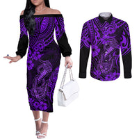 hawaii-fish-hook-couples-matching-off-the-shoulder-long-sleeve-dress-and-long-sleeve-button-shirts-hibiscus-hawaii-tribal-tattoo-purple-version