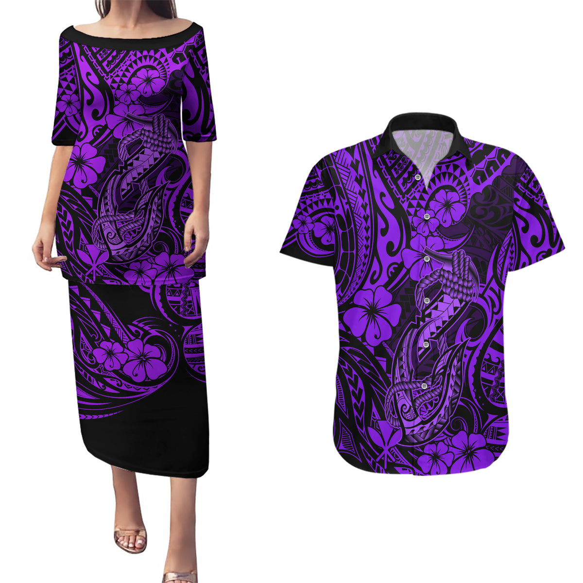 Hawaii Fish Hook Couples Matching Puletasi Dress and Hawaiian Shirt Hibiscus Hawaii Tribal Tattoo Purple Version - Wonder Print Shop