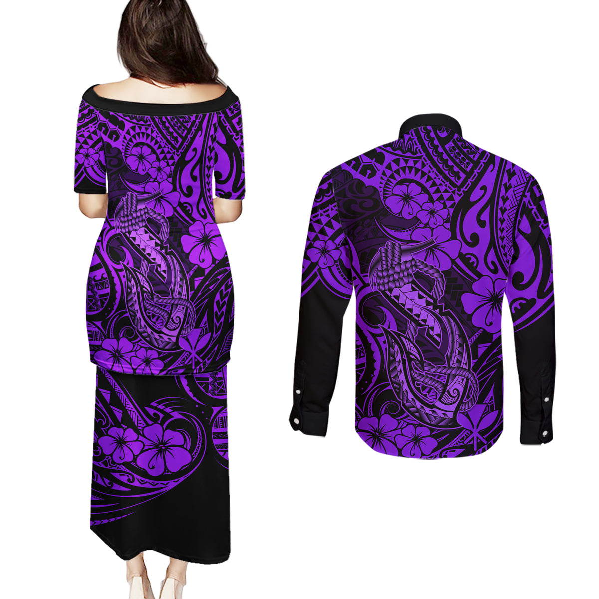 Hawaii Fish Hook Couples Matching Puletasi Dress and Long Sleeve Button Shirts Hibiscus Hawaii Tribal Tattoo Purple Version - Wonder Print Shop