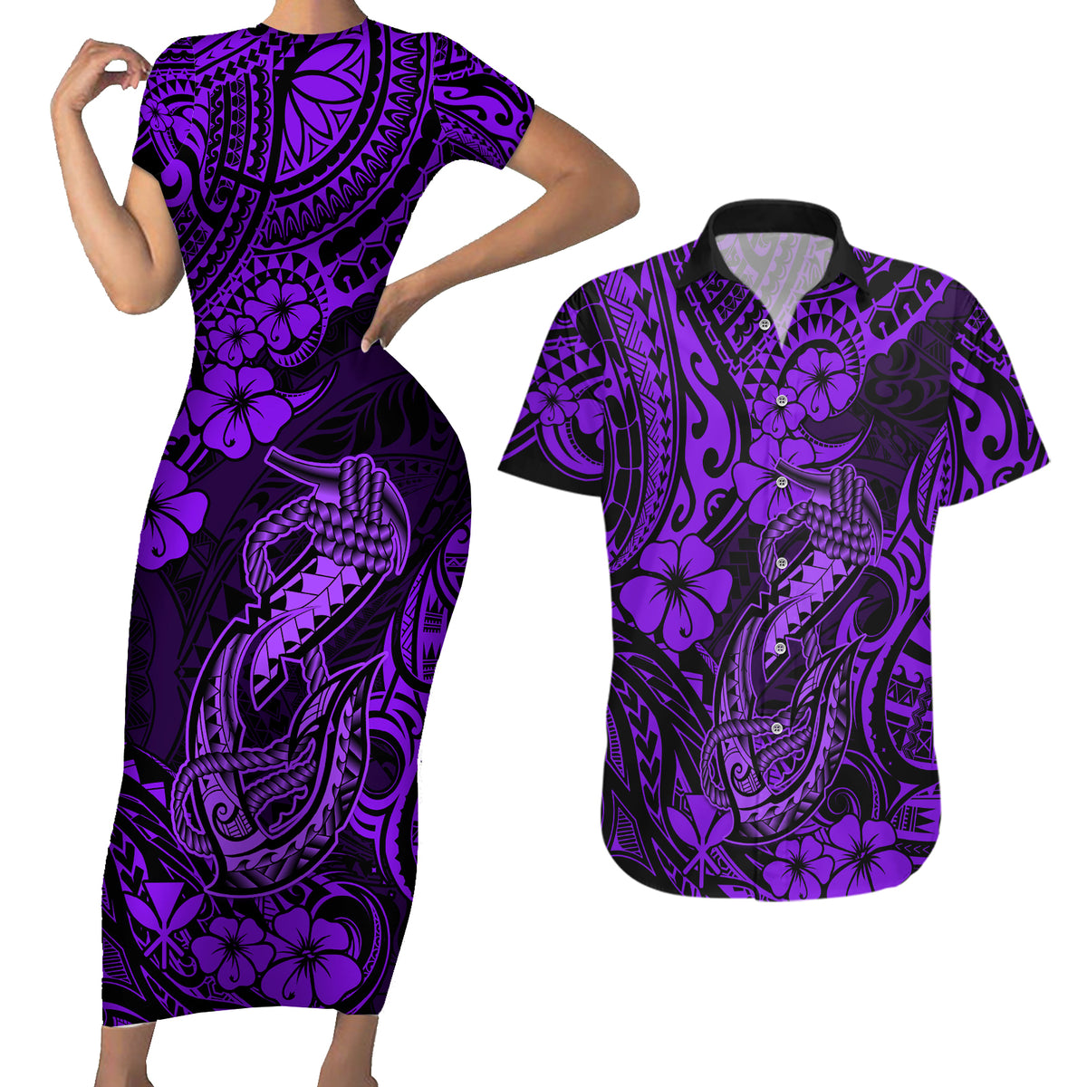 Hawaii Fish Hook Couples Matching Short Sleeve Bodycon Dress and Hawaiian Shirt Hibiscus Hawaii Tribal Tattoo Purple Version - Wonder Print Shop