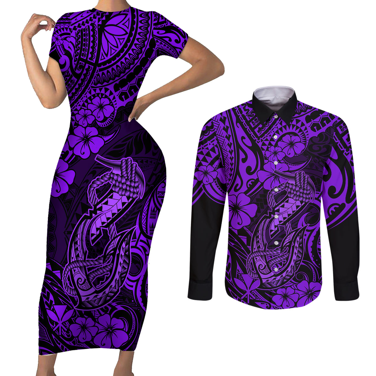 Hawaii Fish Hook Couples Matching Short Sleeve Bodycon Dress and Long Sleeve Button Shirts Hibiscus Hawaii Tribal Tattoo Purple Version - Wonder Print Shop