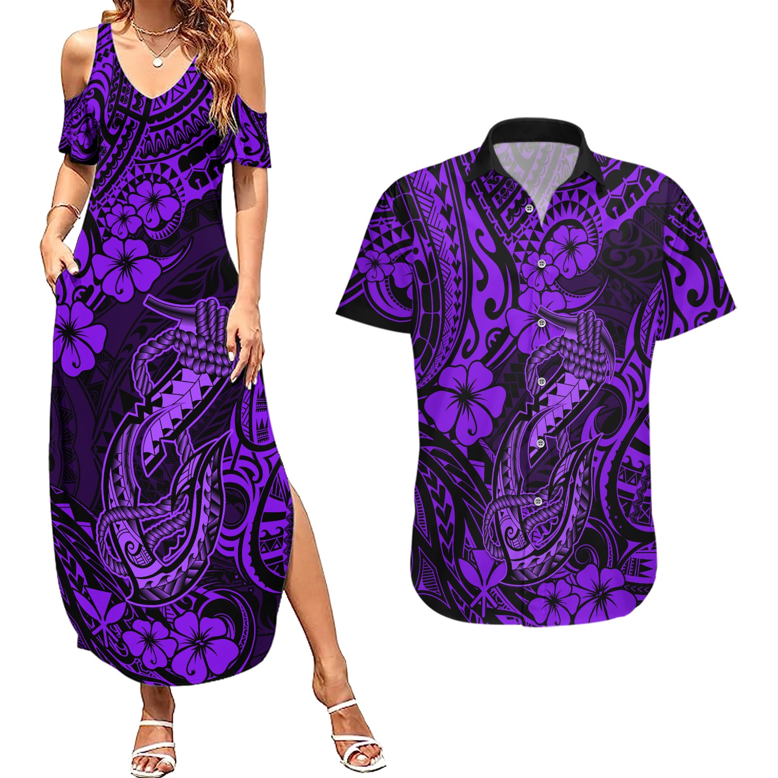 Hawaii Fish Hook Couples Matching Summer Maxi Dress and Hawaiian Shirt Hibiscus Hawaii Tribal Tattoo Purple Version - Wonder Print Shop