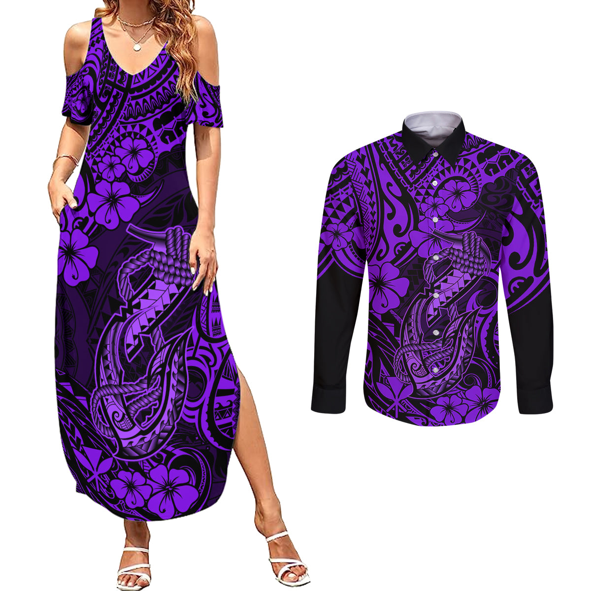 Hawaii Fish Hook Couples Matching Summer Maxi Dress and Long Sleeve Button Shirts Hibiscus Hawaii Tribal Tattoo Purple Version - Wonder Print Shop