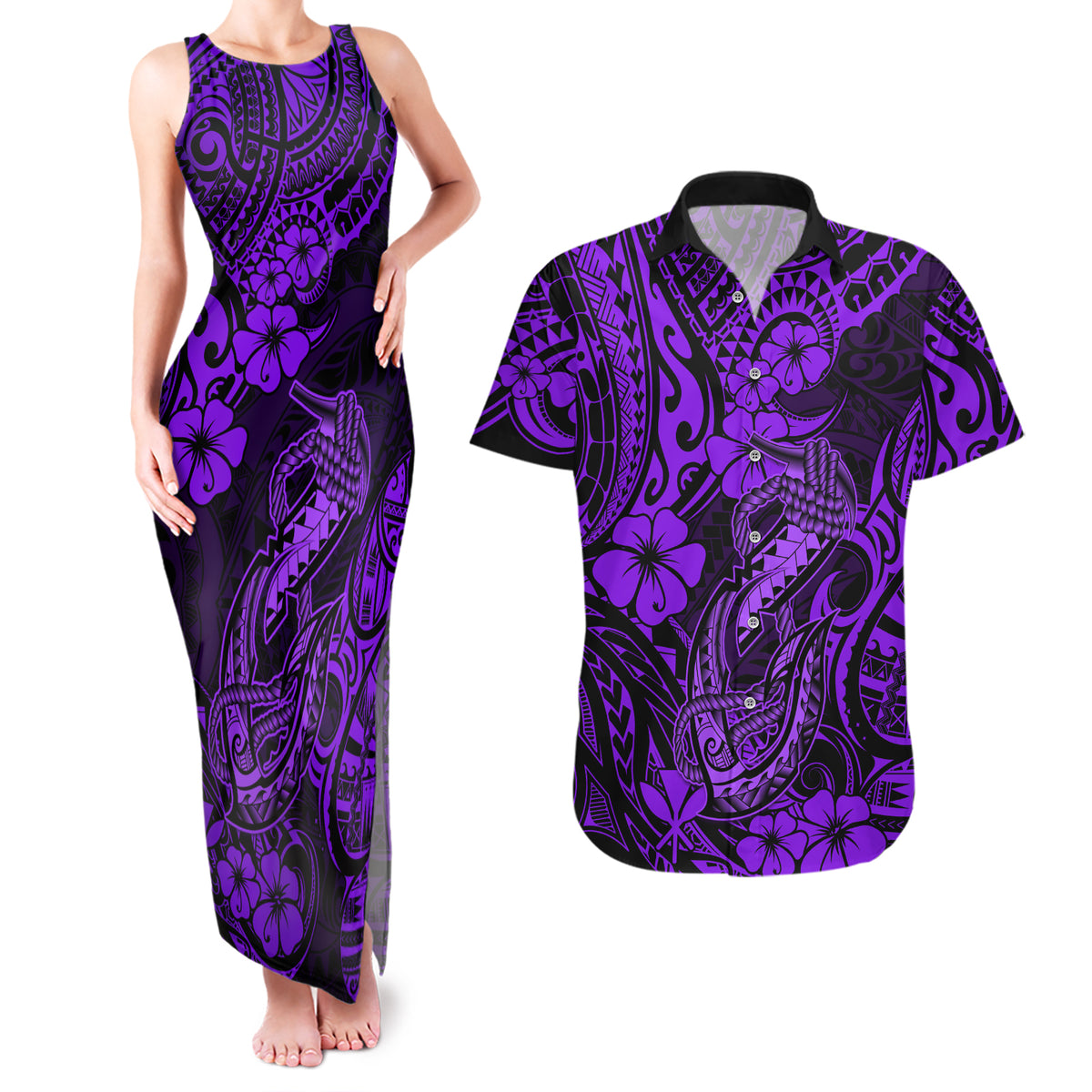 Hawaii Fish Hook Couples Matching Tank Maxi Dress and Hawaiian Shirt Hibiscus Hawaii Tribal Tattoo Purple Version - Wonder Print Shop