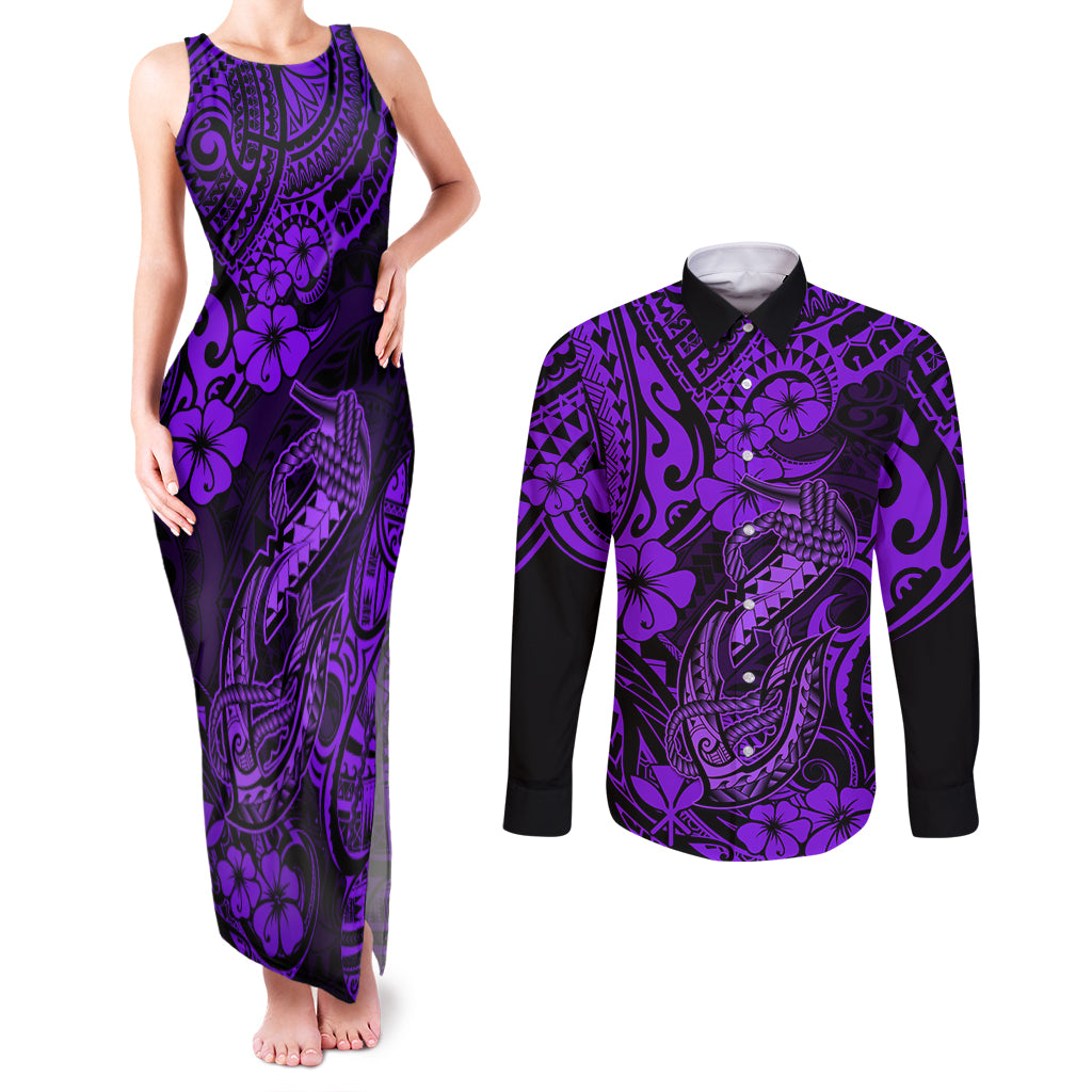 Hawaii Fish Hook Couples Matching Tank Maxi Dress and Long Sleeve Button Shirts Hibiscus Hawaii Tribal Tattoo Purple Version - Wonder Print Shop