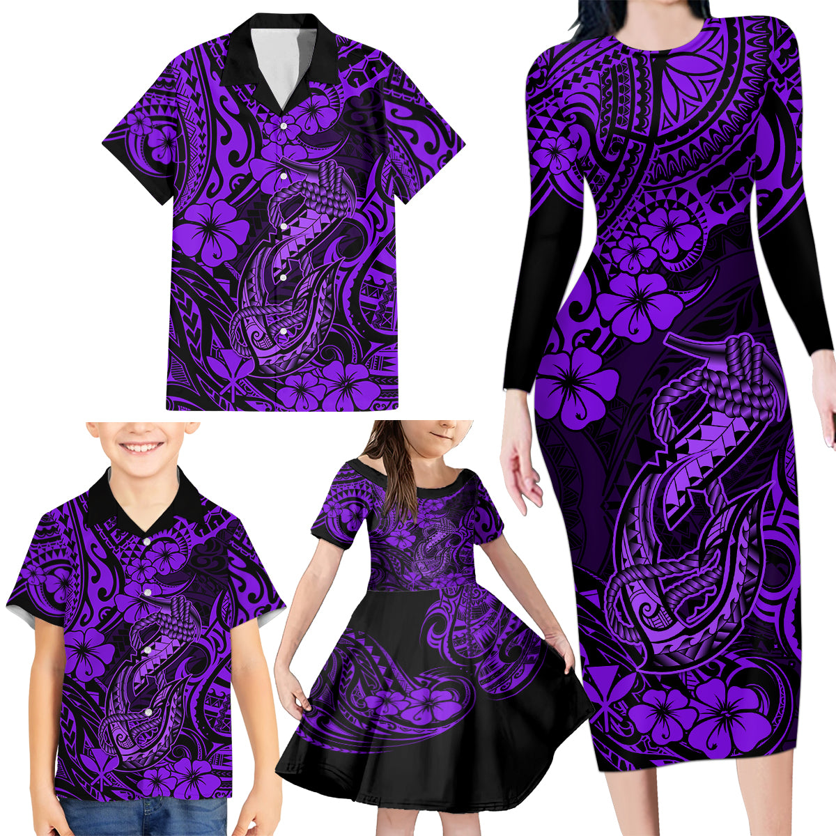 Hawaii Fish Hook Family Matching Long Sleeve Bodycon Dress and Hawaiian Shirt Hibiscus Hawaii Tribal Tattoo Purple Version - Wonder Print Shop