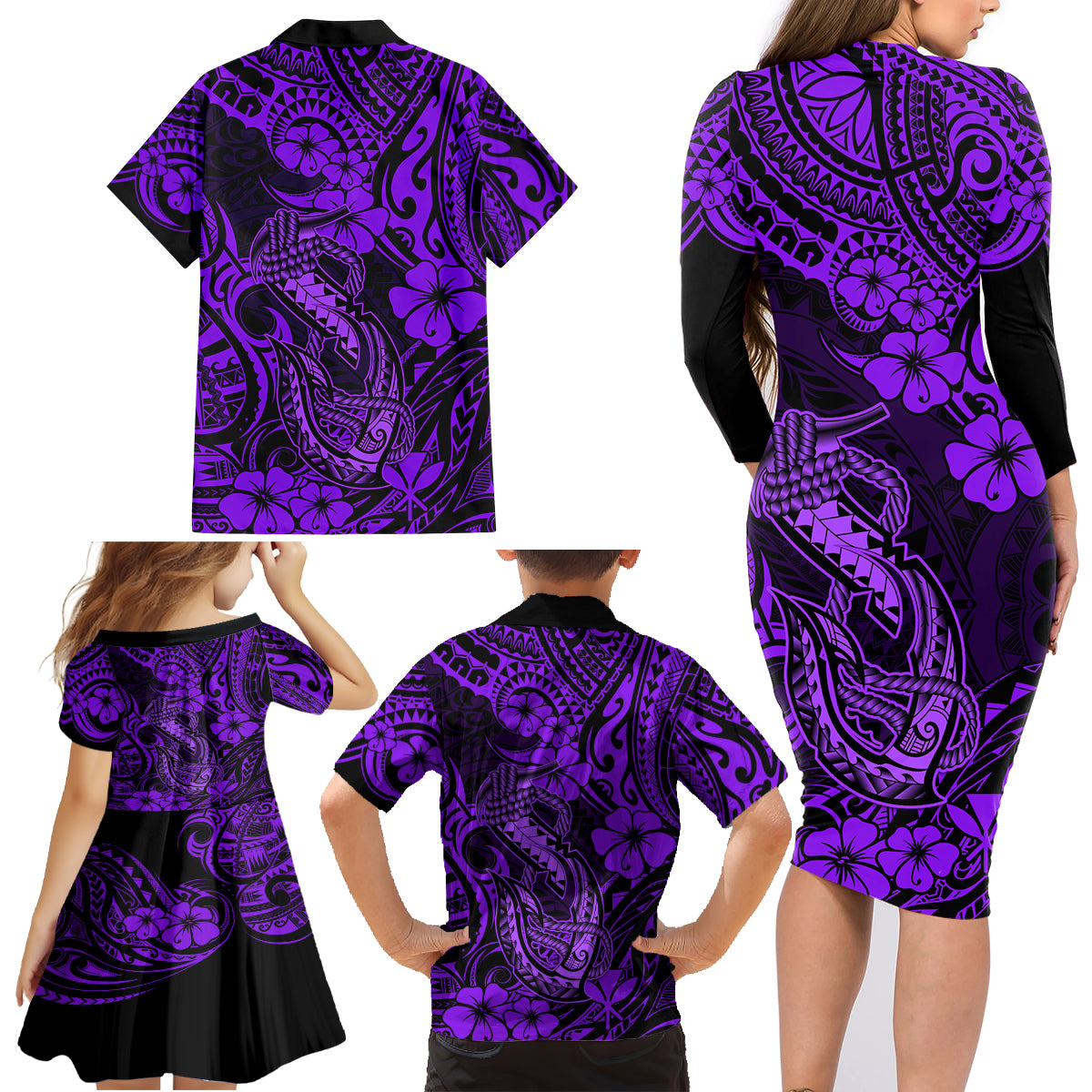 Hawaii Fish Hook Family Matching Long Sleeve Bodycon Dress and Hawaiian Shirt Hibiscus Hawaii Tribal Tattoo Purple Version - Wonder Print Shop