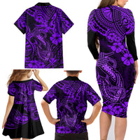 Hawaii Fish Hook Family Matching Long Sleeve Bodycon Dress and Hawaiian Shirt Hibiscus Hawaii Tribal Tattoo Purple Version - Wonder Print Shop