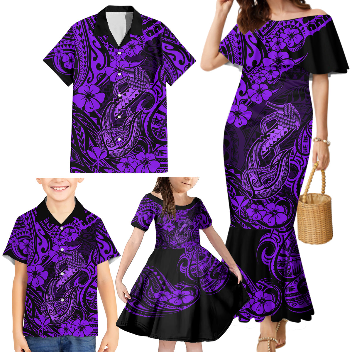 Hawaii Fish Hook Family Matching Mermaid Dress and Hawaiian Shirt Hibiscus Hawaii Tribal Tattoo Purple Version - Wonder Print Shop