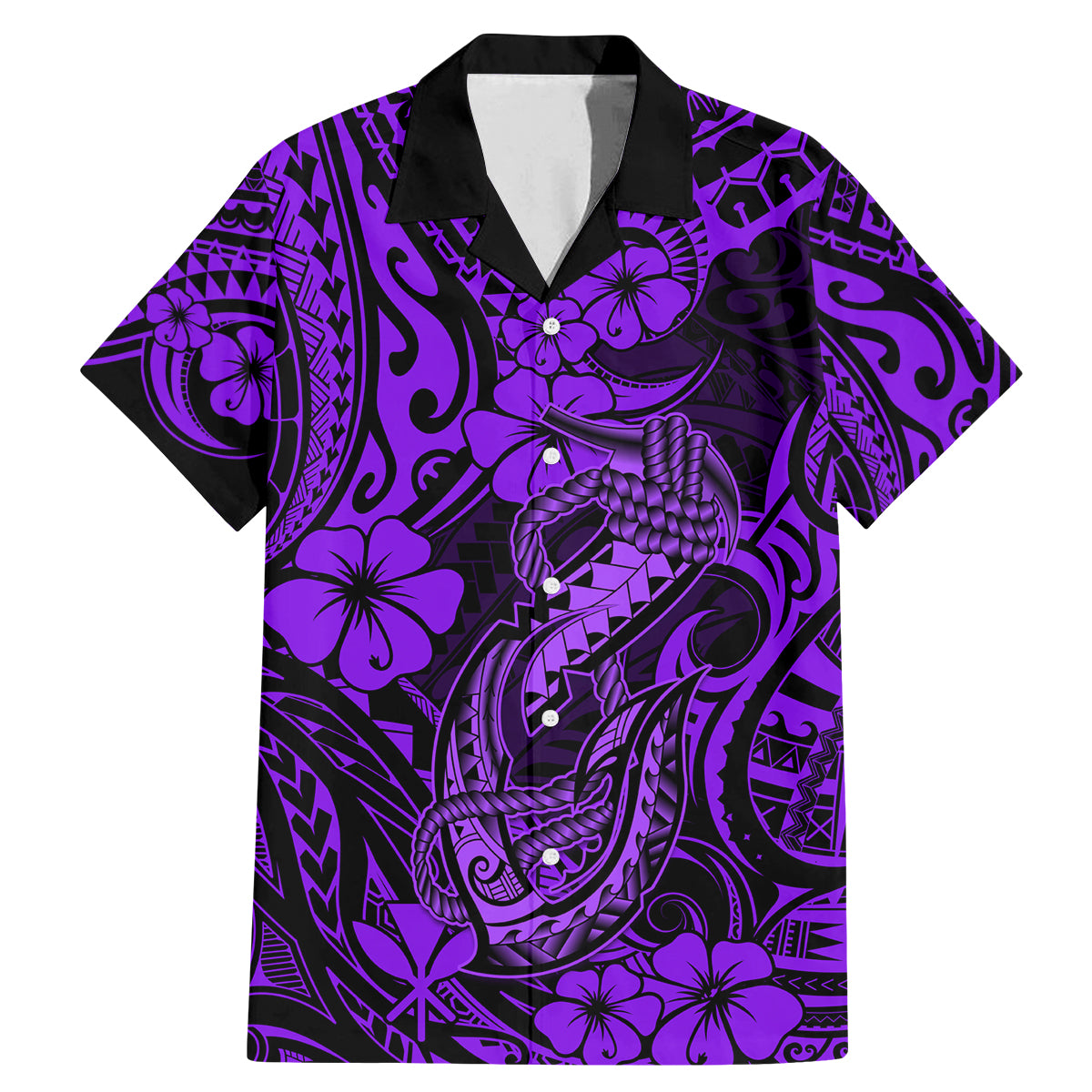 Hawaii Fish Hook Family Matching Mermaid Dress and Hawaiian Shirt Hibiscus Hawaii Tribal Tattoo Purple Version - Wonder Print Shop