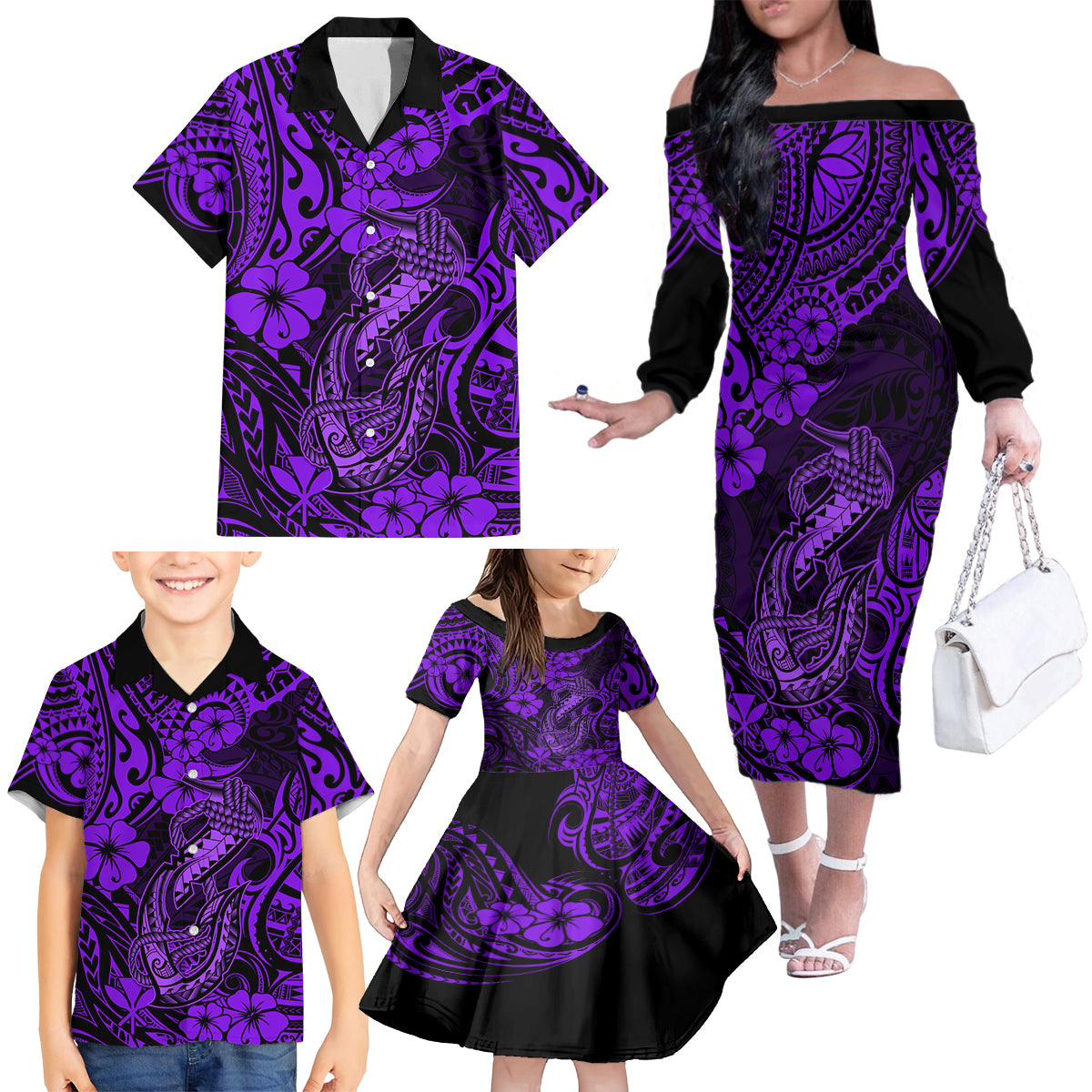 Hawaii Fish Hook Family Matching Off Shoulder Long Sleeve Dress and Hawaiian Shirt Hibiscus Hawaii Tribal Tattoo Purple Version - Wonder Print Shop