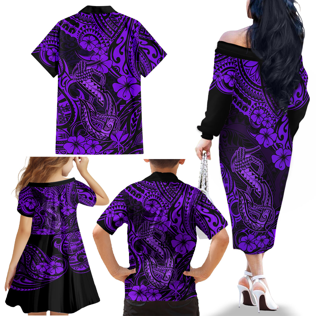 Hawaii Fish Hook Family Matching Off Shoulder Long Sleeve Dress and Hawaiian Shirt Hibiscus Hawaii Tribal Tattoo Purple Version - Wonder Print Shop