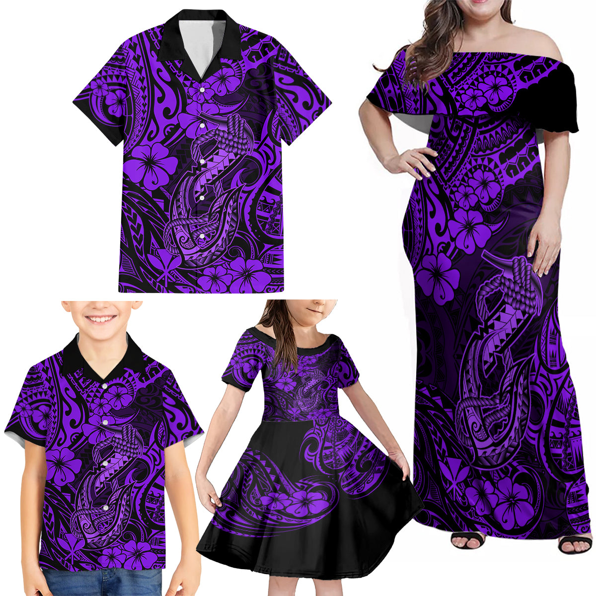 Hawaii Fish Hook Family Matching Off Shoulder Maxi Dress and Hawaiian Shirt Hibiscus Hawaii Tribal Tattoo Purple Version - Wonder Print Shop