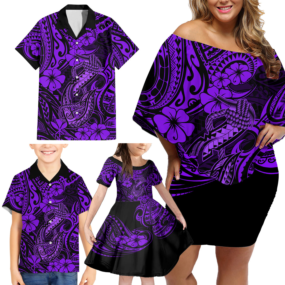 Hawaii Fish Hook Family Matching Off Shoulder Short Dress and Hawaiian Shirt Hibiscus Hawaii Tribal Tattoo Purple Version - Wonder Print Shop
