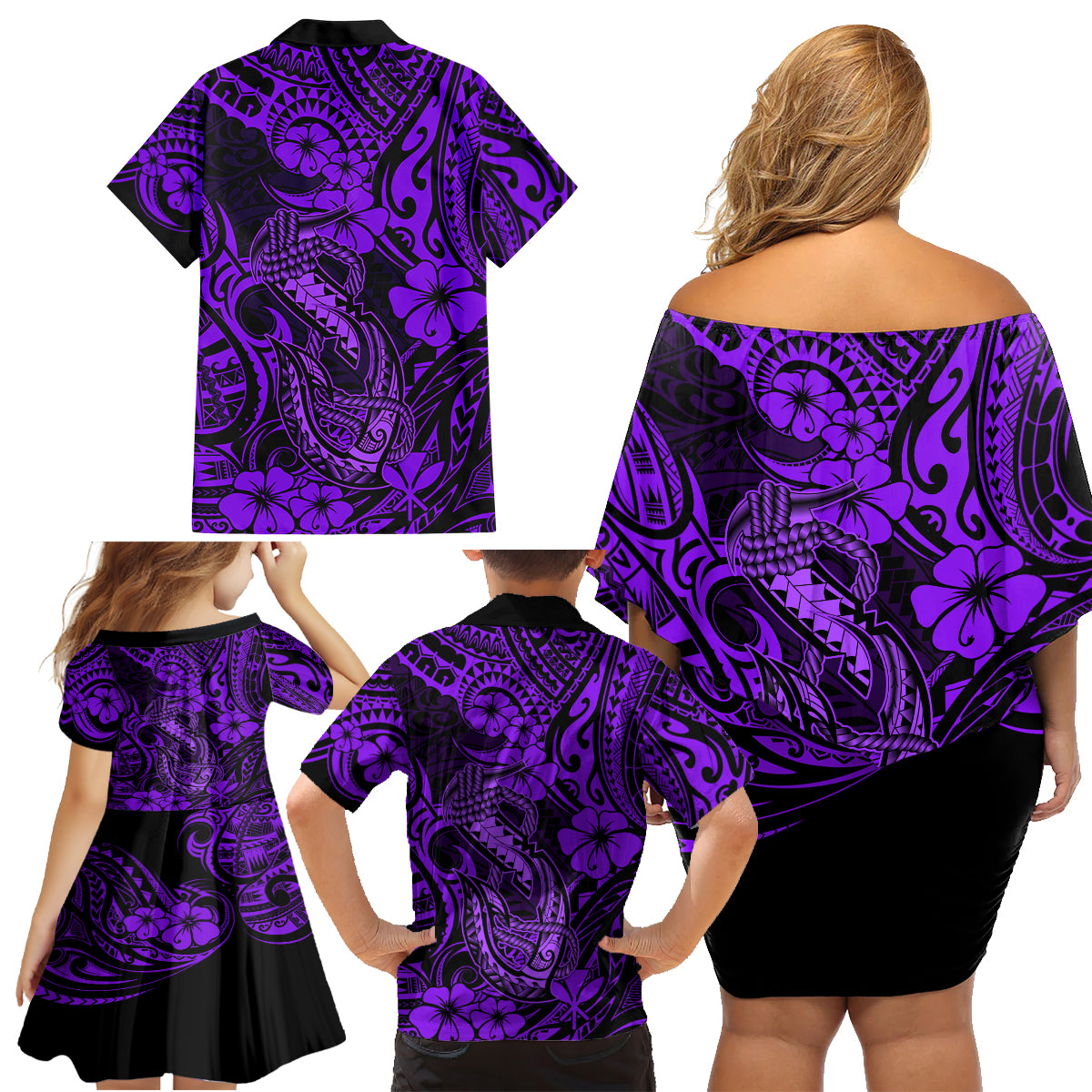 Hawaii Fish Hook Family Matching Off Shoulder Short Dress and Hawaiian Shirt Hibiscus Hawaii Tribal Tattoo Purple Version - Wonder Print Shop