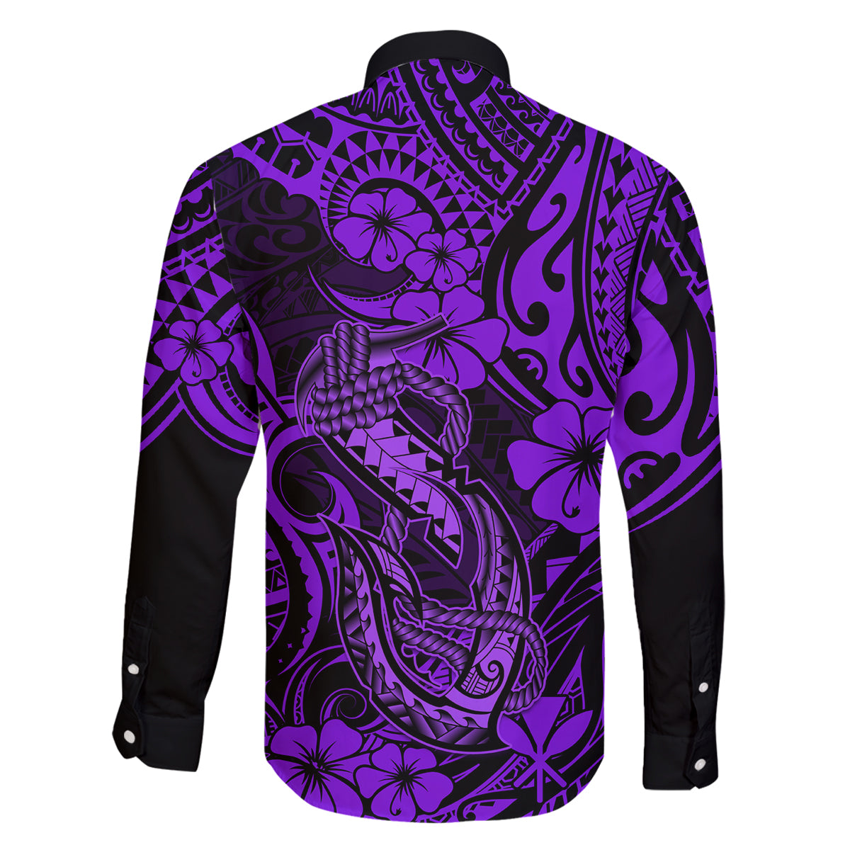 Hawaii Fish Hook Family Matching Off Shoulder Short Dress and Hawaiian Shirt Hibiscus Hawaii Tribal Tattoo Purple Version - Wonder Print Shop