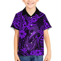 Hawaii Fish Hook Family Matching Off Shoulder Short Dress and Hawaiian Shirt Hibiscus Hawaii Tribal Tattoo Purple Version - Wonder Print Shop